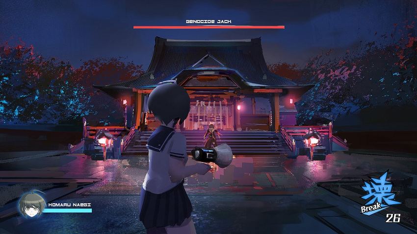 2girls ahoge antenna_hair black_skirt brown_hair building commentary cowboy_shot danganronpa_(series) danganronpa_another_episode:_ultra_despair_girls fake_screenshot from_behind gameplay_mechanics genocider_shou health_bar long_hair looking_at_another multiple_girls naegi_komaru night outdoors pleated_skirt qosic sailor_collar scenery school_uniform scissors serafuku shirt short_hair short_sleeves skirt stairs standing tree white_shirt