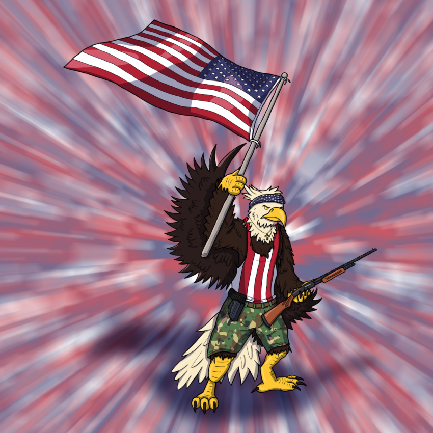 1:1 accipitrid accipitriform anthro avian bald_eagle bandanna bird bottomwear camo christian_symbol christianity clothing eagle flag flagpole gun handgun hi_res holding_flag holding_gun holding_object holding_weapon jewelry kerchief male necklace patriotism pistol politics ranged_weapon religion sea_eagle shorts shotgun solo stars_and_stripes united_states_of_america weapon young-jacob