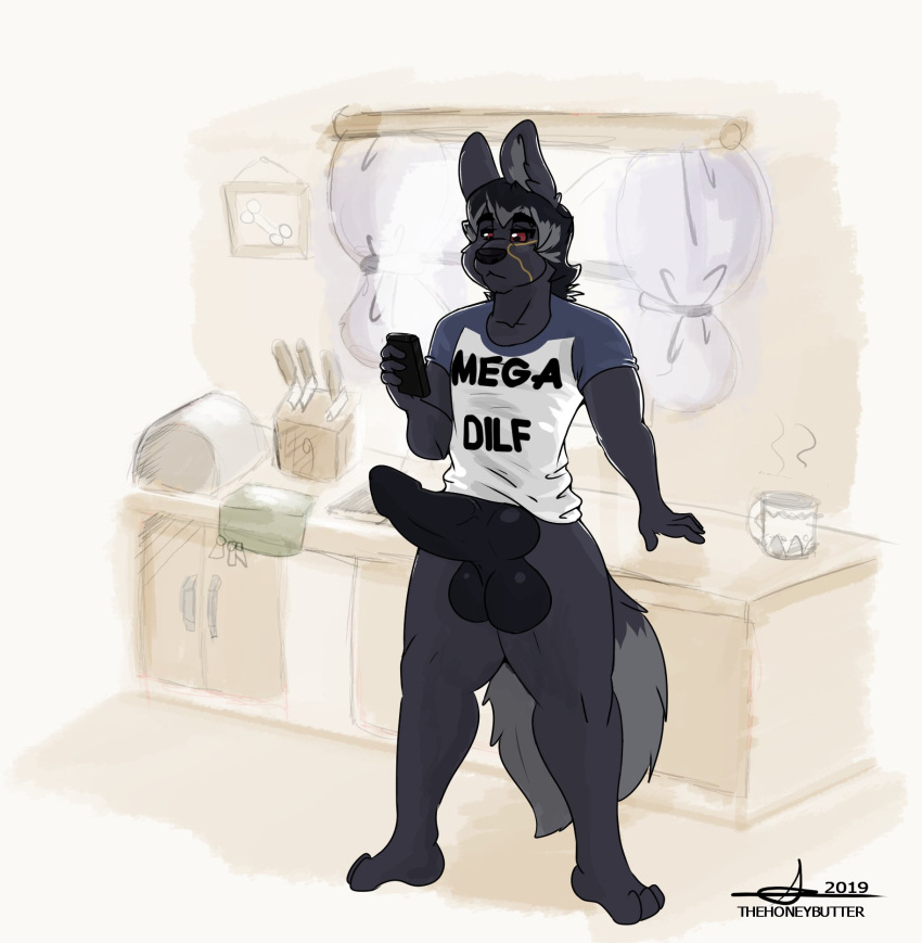 anthro balls big_balls big_penis black_hair black_penis black_sclera bottomless canid canine canis casual_nudity clothed clothing dire_wolf facial_markings fur genitals grey_body grey_fur hair head_markings hi_res knot male mammal markings meta_(character) metaru_alseif nude penis solo thehoneybutter