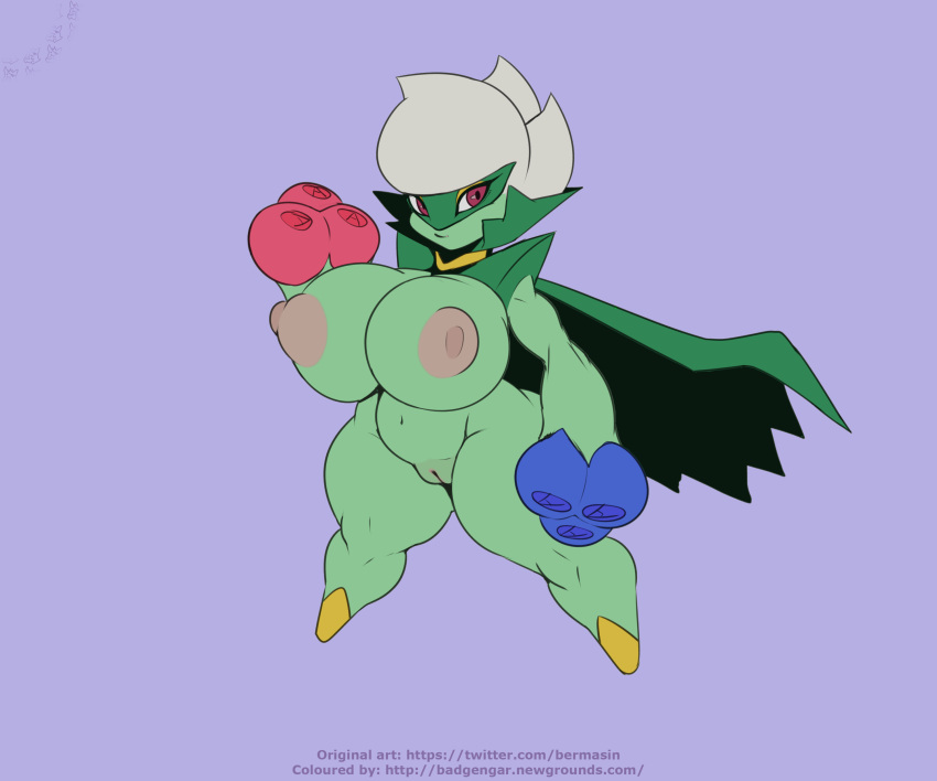 absurd_res badgengar ber00 big_breasts breasts cape choker clothing elemental_creature elemental_humanoid eyelashes female flora_fauna flower_(anatomy) genitals green_body green_skin hi_res huge_breasts humanoid jewelry navel necklace nintendo nipples not_furry nude pink_nipples plant plant_humanoid pok&eacute;mon pok&eacute;mon_(species) pussy red_eyes roserade short_stack solo text thick_thighs url video_games