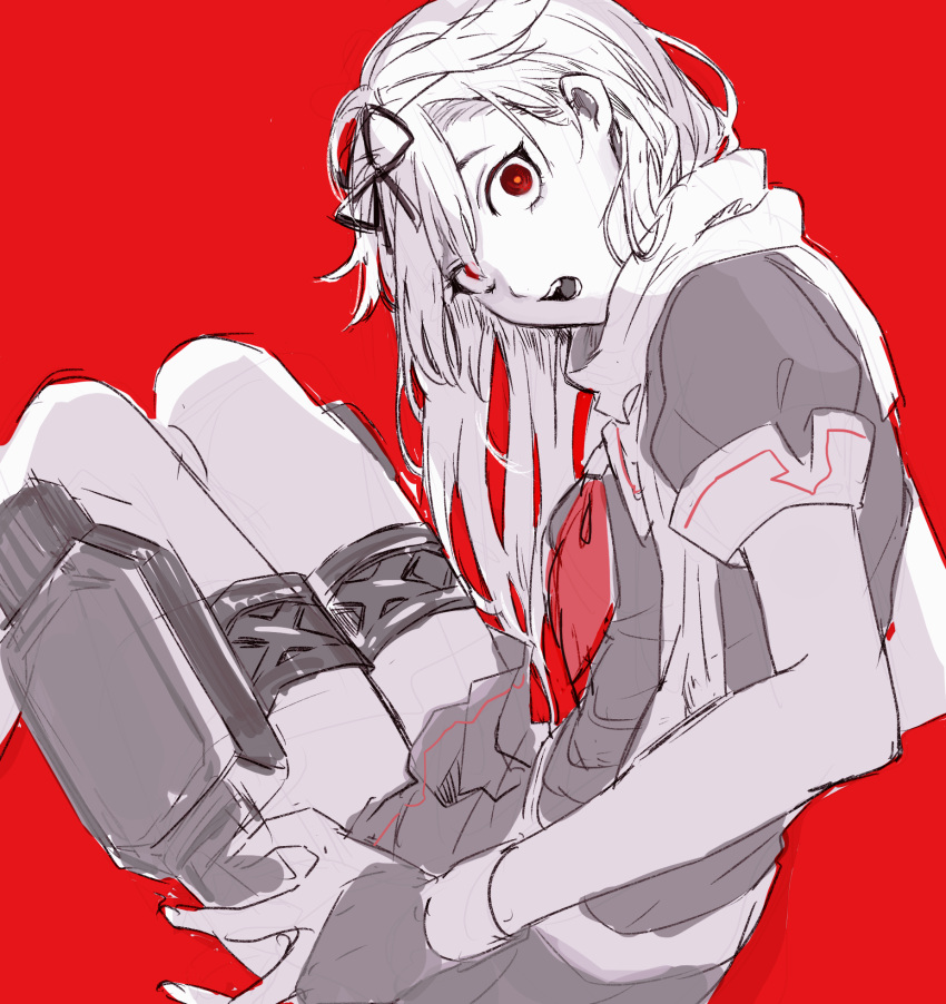 1girl bangs fingerless_gloves gloves hagioshi hair_flaps hair_ribbon highres kantai_collection long_hair looking_at_viewer neckerchief open_mouth red_background red_eyes remodel_(kantai_collection) ribbon rigging sailor_collar scarf school_uniform serafuku short_sleeves simple_background sitting sketch skirt solo yuudachi_(kantai_collection)