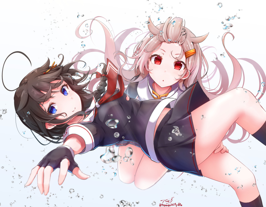 2girls ahoge artist_name baileys_(tranquillity650) black_gloves black_legwear black_ribbon black_serafuku black_skirt blonde_hair blue_eyes blush braid brown_hair closed_mouth fingerless_gloves gloves hair_flaps hair_ornament hair_ribbon hairclip highres kantai_collection kneehighs long_hair multiple_girls neckerchief parted_lips pleated_skirt red_eyes red_neckwear remodel_(kantai_collection) ribbon scarf school_uniform serafuku shigure_(kantai_collection) short_sleeves signature single_braid skirt smile twitter_username underwater white_scarf yuudachi_(kantai_collection)