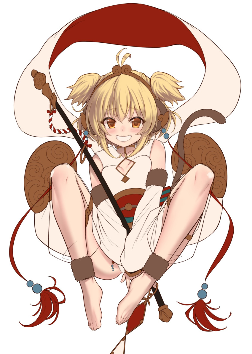 1girl :d alphy andira_(granblue_fantasy) animal_ears antenna_hair bangs barefoot between_legs blonde_hair blush breasts collarbone detached_sleeves erune granblue_fantasy grin hagoromo hand_between_legs highres knees_up leotard looking_at_viewer monkey_ears monkey_girl monkey_tail open_mouth sash see-through_sleeves shawl short_hair sidelocks simple_background sleeveless small_breasts smile solo symbol_commentary tail two_side_up white_background white_leotard wide_sleeves