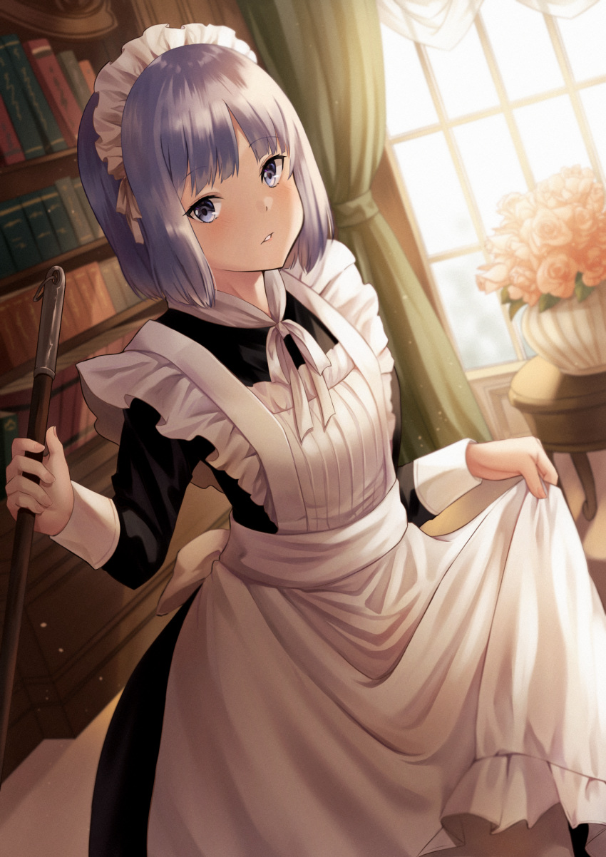 1girl apron apron_lift bangs blush bookshelf broom cleaning eyebrows_visible_through_hair grey_eyes grin highres indoors looking_at_viewer maid maid_apron maid_headdress medium_hair original purple_hair sidelocks smile solo thighhighs yumeha_tseru