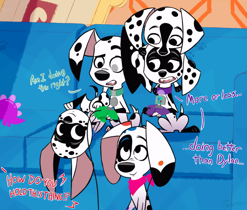 101_dalmatian_street 101_dalmatians bandanna black_spots blind_eye bodypaint canid canine canis chew_toy collar confusion controller d-pad_(whitewolf20xx) da_vinci_(101_dalmatians) dalmatian dee_dee_(101_dalmatians) dialogue disney dizzy_(101_dalmatians) domestic_dog english_text fan_character female feral fur furniture game_controller gaming group hand_on_head hi_res kerchief looking_at_another looking_up lying male mammal nintendo nintendo_64 nintendo_controller offscreen_character on_back open_mouth playing_videogame sitting smile sofa spots text upside_down video_games white_body white_fur whitewolf20xx