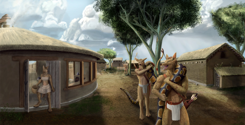 absurd_res anthro arrow bow canid canine canis carrying cloud female hi_res houses jackal konosay_(spiffydragon) male mammal mezeeta_(spiffydragon) outside plant python reptile saysay_tribe scalie shadows_of_cruelty sky snake society spiffydragon success tacha_(shadows_of_cruelty) thatch town tree tribal