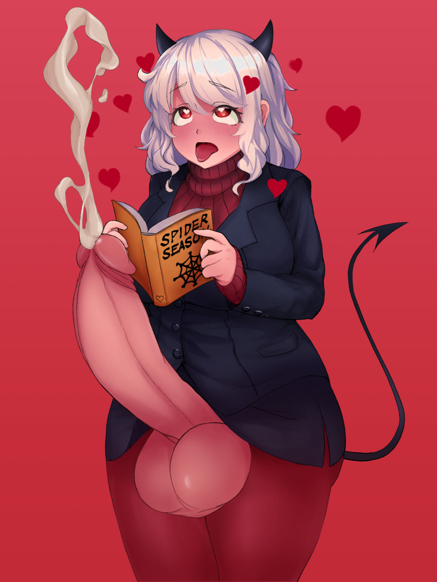 &lt;3 &lt;3_eyes 3:4 5_fingers absurd_res ahegao balls big_balls big_breasts big_penis biped black_bottomwear black_clothing black_horn black_skirt black_topwear blush bodily_fluids book bottomwear breasts business_suit clothed clothing cum cum_strand cumshot curvy_figure demon ejaculation english_text erection eye_roll eyelashes fingers foreskin front_view genital_fluids genitals gynomorph hair hands-free helltaker hi_res holding_book holding_object horn horned_humanoid huge_balls huge_penis humanoid humanoid_genitalia humanoid_hands humanoid_penis intersex legwear light_body light_skin looking_pleasured mammal minishell modeus_(helltaker) monotone_hair no_underwear not_furry open_mouth orgasm orgasm_face penile penis red_background red_clothing red_eyes red_legwear red_sweater red_topwear retracted_foreskin ribbed_clothing ribbed_sweater simple_background skirt solo spade_tail spontaneous_ejaculation standing suit sweater text thick_penis thick_thighs tongue tongue_out topwear uncut vein veiny_penis voluptuous white_hair wide_hips