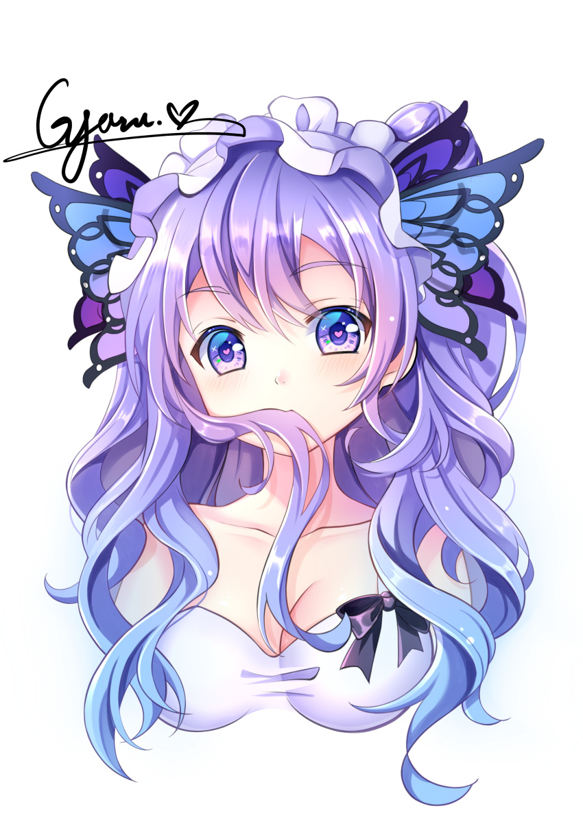 1girl absurdres azur_lane bangs bare_shoulders blue_hair blush breasts butterfly_hair_ornament cleavage closed_mouth collarbone commentary_request cropped_torso dress eyebrows_visible_through_hair gradient_hair gyaza hair_between_eyes hair_in_mouth hair_ornament heart heart-shaped_pupils highres long_hair medium_breasts multicolored_hair purple_eyes purple_hair signature simple_background sleeveless sleeveless_dress solo symbol-shaped_pupils unicorn_(azur_lane) upper_body white_background white_dress