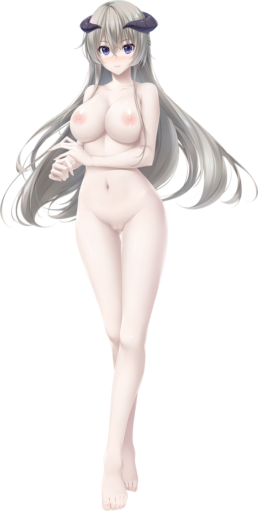 1girl bangs barefoot blue_eyes blush braid breasts choco_chip completely_nude eyebrows_visible_through_hair french_braid full_body highres horns large_breasts long_hair looking_at_viewer mama_x_holic mieme_fabnil nipples nose_blush nude official_art pale_skin pussy silver_hair solo standing transparent_background