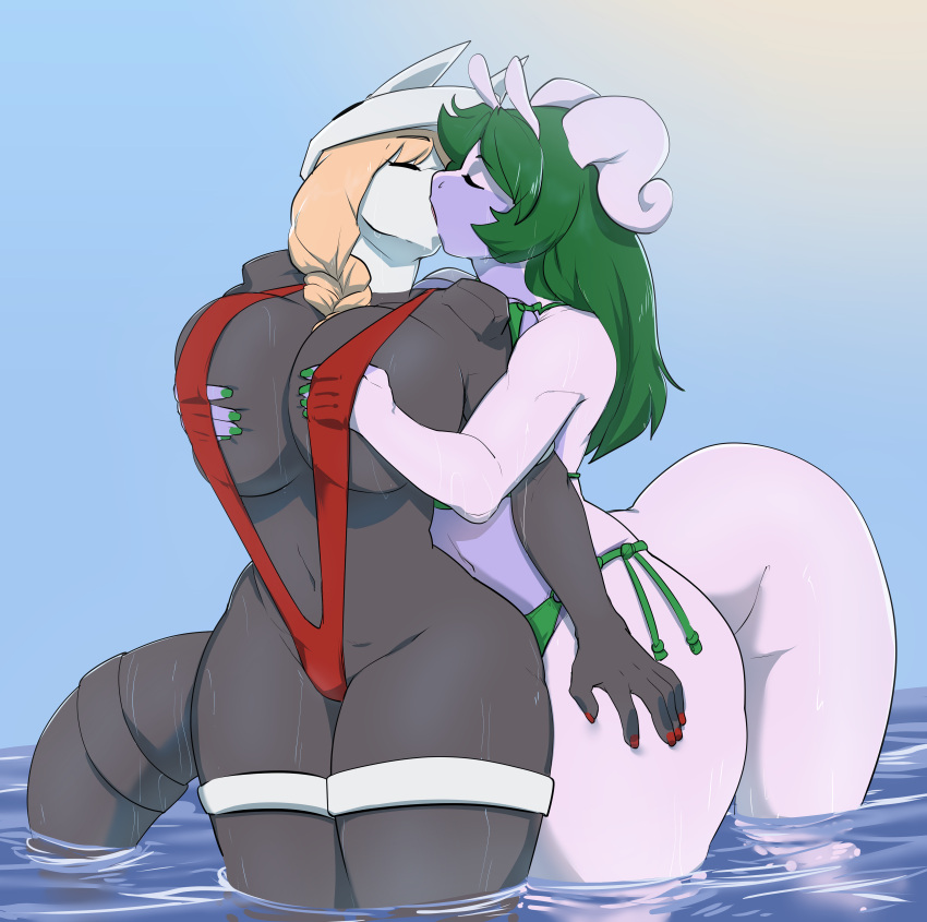 6my absurd_res aggron antennae_(anatomy) anthro big_breasts bikini blonde_hair breast_grab breasts clothing colored_nails duo eyes_closed female female/female from_behind_position garlyn_lynn goodra green_hair green_nails hair hand_on_breast hand_on_hip head_turned hi_res kissing making_out nails nintendo olivia_dusset partially_submerged pok&eacute;mon pok&eacute;mon_(species) red_nails sex sling_bikini sun swimwear thick_tail thick_thighs video_games water wet