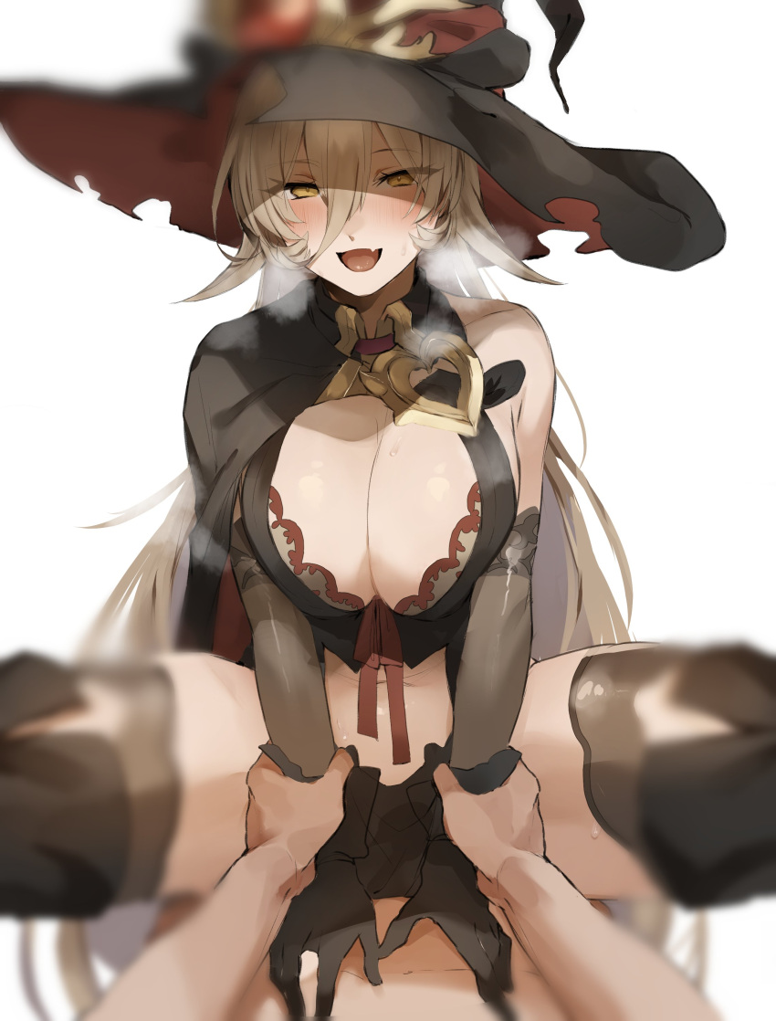 1boy 1girl absurdres bangs black_headwear blonde_hair blush breast_squeeze breasts breath cape cleavage cleavage_cutout clothed_female_nude_male clothing_cutout detached_sleeves fang girl_on_top gloves hair_between_eyes hat hetero highres huge_breasts implied_sex kiyomasa_(dangan) long_hair navel navel_cutout nijisanji nude nui_sociere open_mouth pelvic_curtain pov sex skin_fang solo_focus spread_legs thighhighs torn_clothes torn_hat very_long_hair virtual_youtuber white_background witch_hat yellow_eyes