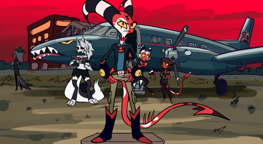 2021 aircraft airplane anthro avian baneposting bird blitzo_(vivzmind) boots canid canid_demon clothing demon female footwear group hellhound helluva_boss imp loona_(vivzmind) male mammal millie_(vivzmind) moxxie_(vivzmind) octavia_(vivzmind) owl parody partyprat_(artist) red_sky sky the_dark_knight_rises_(movie)