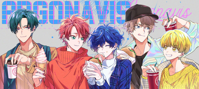 175x172nyrn 5boys argonavis_(band) argonavis_from_bang_dream! bang_dream! baseball_cap blonde_hair blue_hair brown_hair coffee_cup crumbs cup disposable_cup english_text food goryou_yuuto green_hair group_name hamburger hat highres ice_cream kikyou_riou male_focus matoba_wataru md5_mismatch mole mole_under_eye multiple_boys nanahoshi_ren red_hair resolution_mismatch shiroishi_banri source_larger