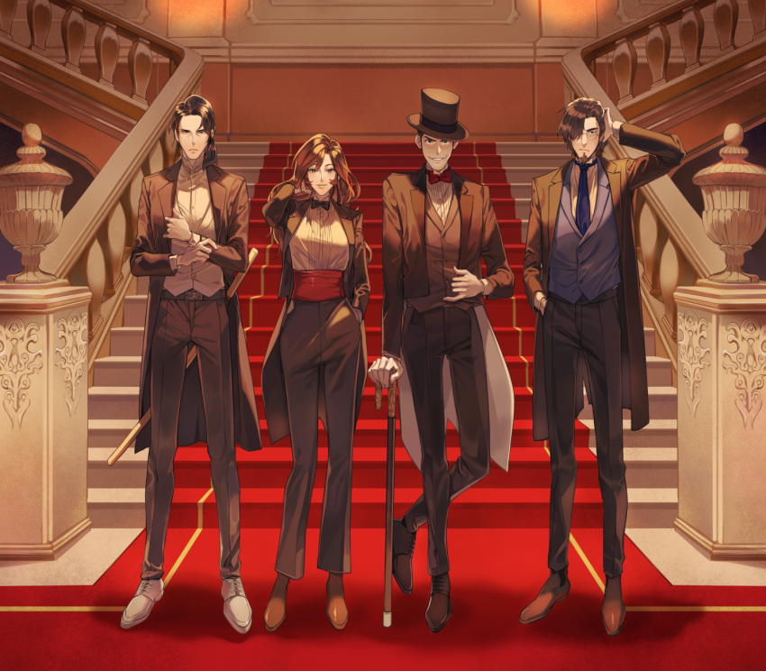 1girl 3boys arsene_lupin_iii beard black_hair black_headwear black_jacket black_neckwear black_pants blue_neckwear blue_vest bow bowtie brown_eyes brown_footwear brown_hair closed_mouth dress_shirt facial_hair formal frown full_body glasses grin hair_over_one_eye halorane hand_in_hair hand_in_pocket hand_on_hilt highres indoors ishikawa_goemon_xiii jacket jigen_daisuke long_hair long_sleeves looking_at_viewer lupin_iii mine_fujiko multiple_boys necktie open_clothes open_jacket pants red_bow red_neckwear shiny shiny_hair shirt short_hair smile stairs vest white_footwear white_shirt