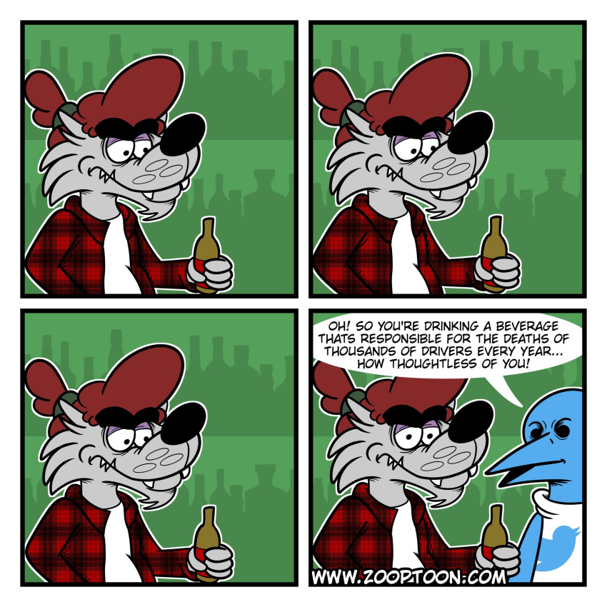 1:1 alcohol avian bar beer beverage bird canid canine canis comic english_text hair hi_res male mammal ponytail simple_background solo text toony twitter twitter_bird wolf zooptoon