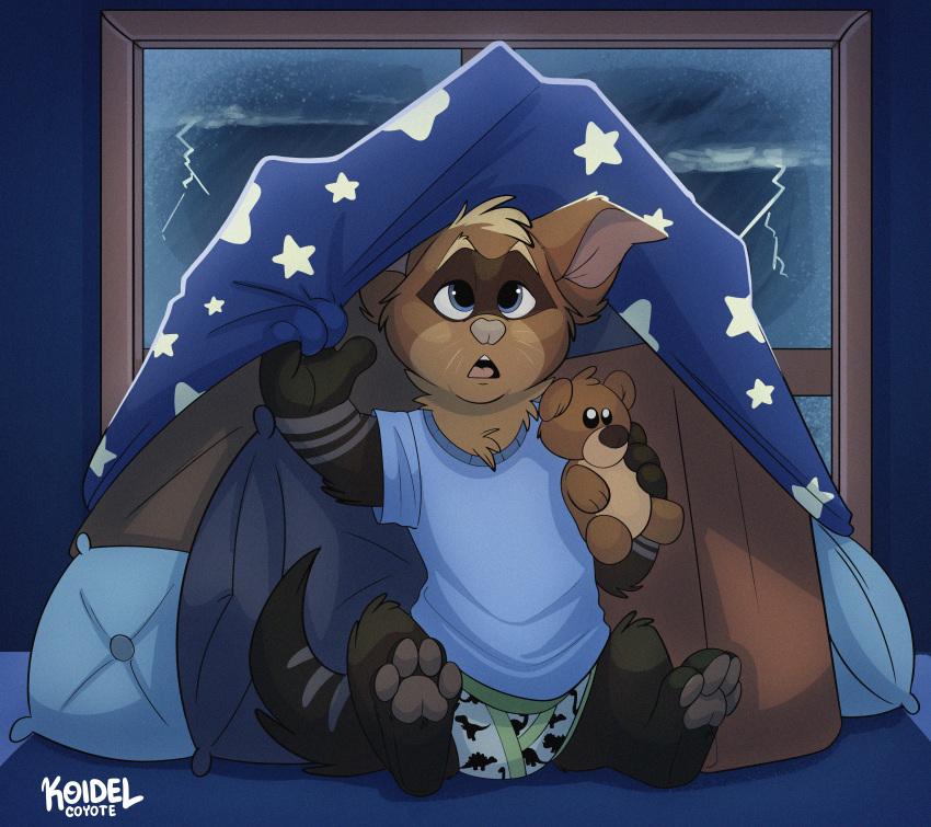 absurd_res anthro bedding blanket briefs child clothing fort hi_res huge_filesize male night pillow raining smokeyaussie solo teddy_bear thunderstorm underwear young