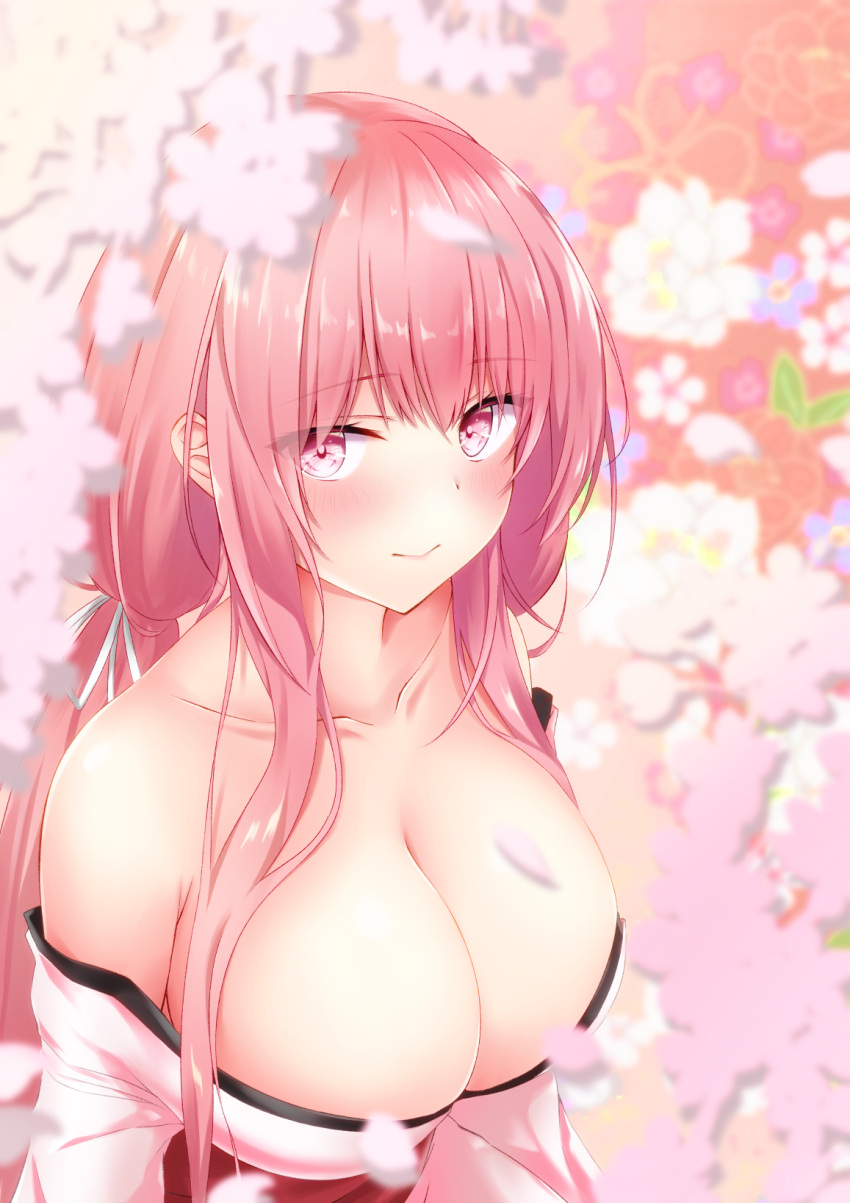1girl akira_(sayo_dayoo) alternate_costume azur_lane bare_shoulders breasts cleavage eyebrows_visible_through_hair floral_background from_above highres japanese_clothes kimono large_breasts light_blush long_hair looking_at_viewer off-shoulder_kimono off_shoulder perseus_(azur_lane) pink_eyes pink_hair red_sash ribbon sash solo upper_body white_kimono white_ribbon