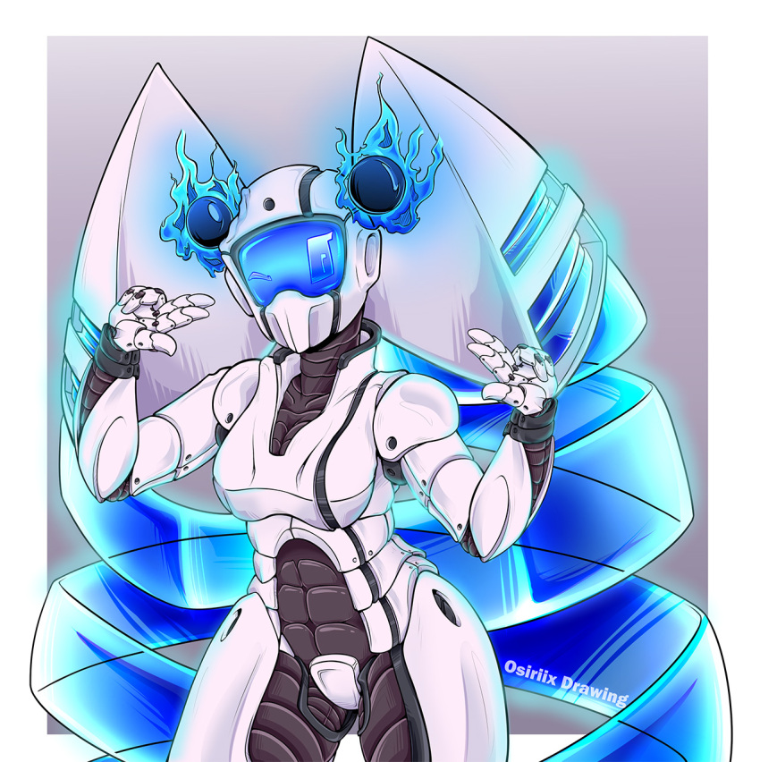 armor arms_bent blue_eyes breasts drill_curls female fire glowing hair hi_res joints looking_at_viewer machine one_eye_closed osiriix pigtails plate_armor robot solo twintails_(hairstyle) watermark white_body wink