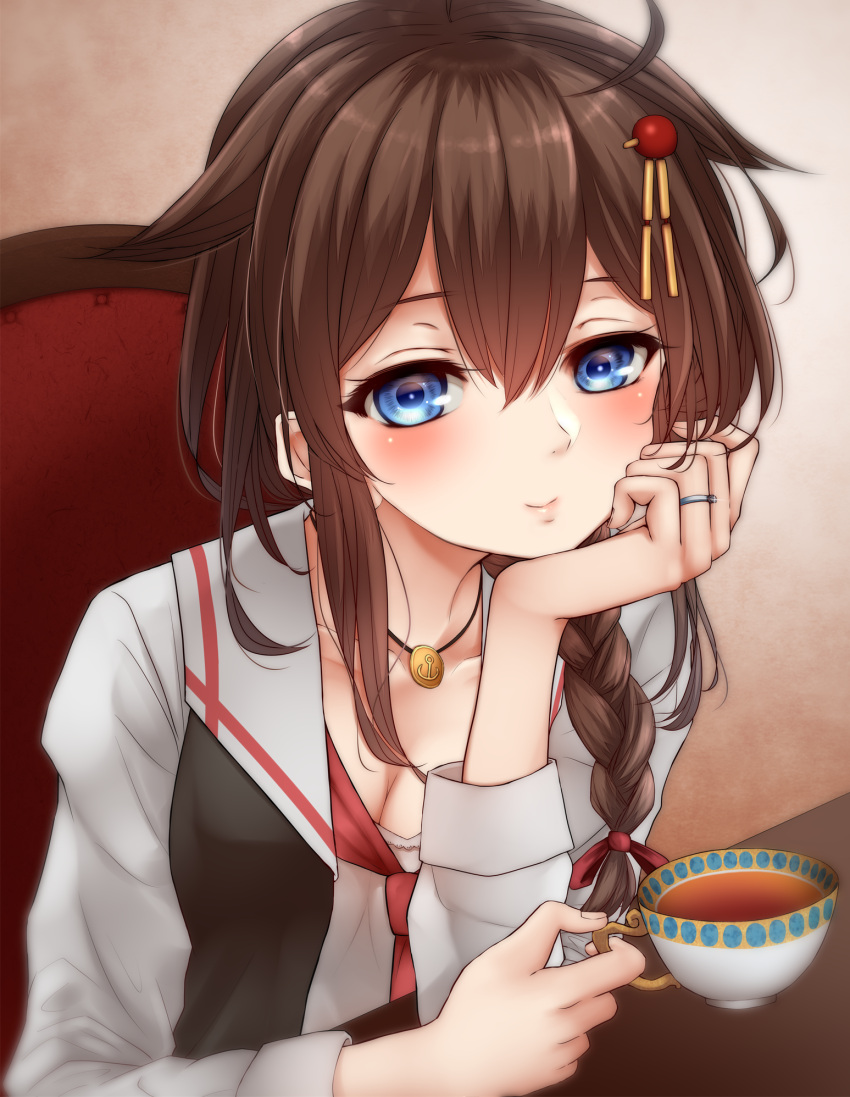 1girl black_vest blue_eyes blush bow braid braided_ponytail breasts brown_hair casual cleavage commentary_request cup elbows_on_table hair_between_eyes hair_bow hair_ornament hair_over_shoulder hairpin hand_on_own_chin hand_up head_rest highres holding holding_cup indoors jewelry kantai_collection long_hair long_sleeves looking_at_viewer medium_breasts neckerchief necklace nuka_(nvkka) open_clothes open_vest red_bow red_neckwear remodel_(kantai_collection) ring shigure_(kantai_collection) shirt single_braid smile solo tea teacup upper_body vest wedding_ring white_shirt