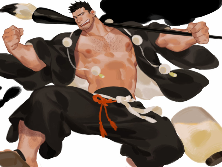 1boy abs atcesolcyc bara bare_pecs black_kimono bleach body_hair chest_hair clenched_hands facial_hair hairy hakama_pants highres japanese_clothes kimono kurosaki_isshin leg_hair looking_at_viewer male_focus muscular muscular_male navel nipples open_mouth over_shoulder oversized_object paintbrush pectorals short_hair smile solo spread_legs stomach stubble thick_thighs thighs