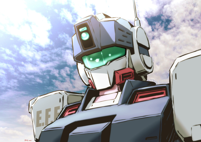 close-up cloud earth_federation gm_sniper_ii gmbh gundam gundam_0080 highres looking_down mecha no_humans radio_antenna science_fiction sky solo visor