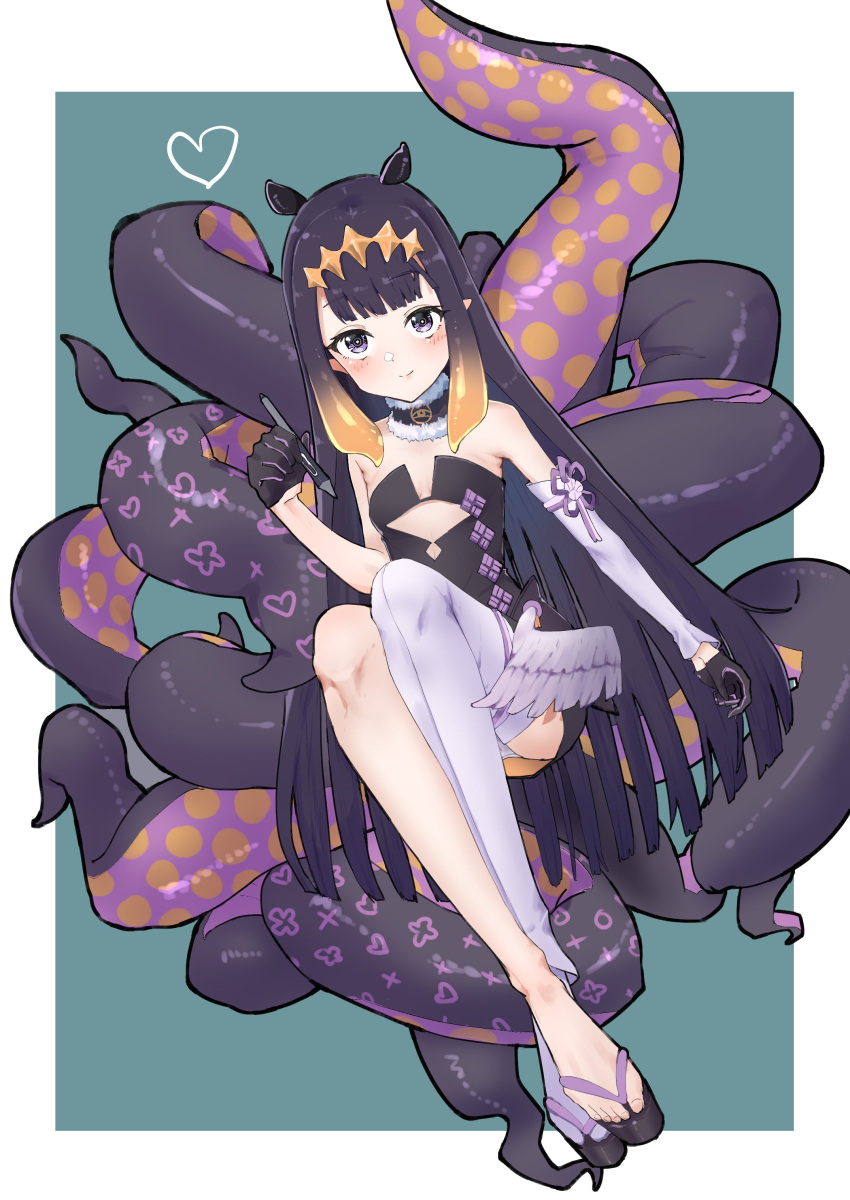 1girl absurdres bangs black_gloves black_hair blush crossed_legs detached_sleeves floating gloves heart highres holding holding_pen hololive hololive_english long_hair ninomae_ina'nis pen pointy_ears purple_eyes single_detached_sleeve single_thighhigh sitting smile solo tentacle_hair tentacles thighhighs very_long_hair virtual_youtuber wings yakiniku-joan.
