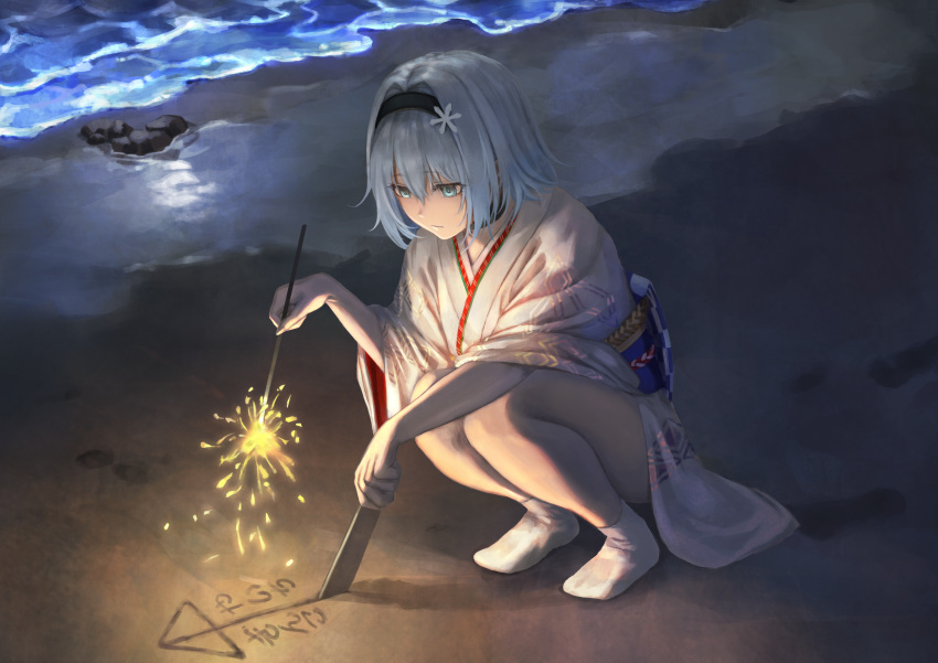 1girl absurdres ai_ai_gasa bangs beach black_choker black_hairband blue_eyes blue_hair choker eyebrows_visible_through_hair fireworks hair_between_eyes hairband highres holding holding_sparkler huge_filesize japanese_clothes kimono laing looking_down ryuuou_no_oshigoto! short_hair socks solo sora_ginko sparkler squatting tabi