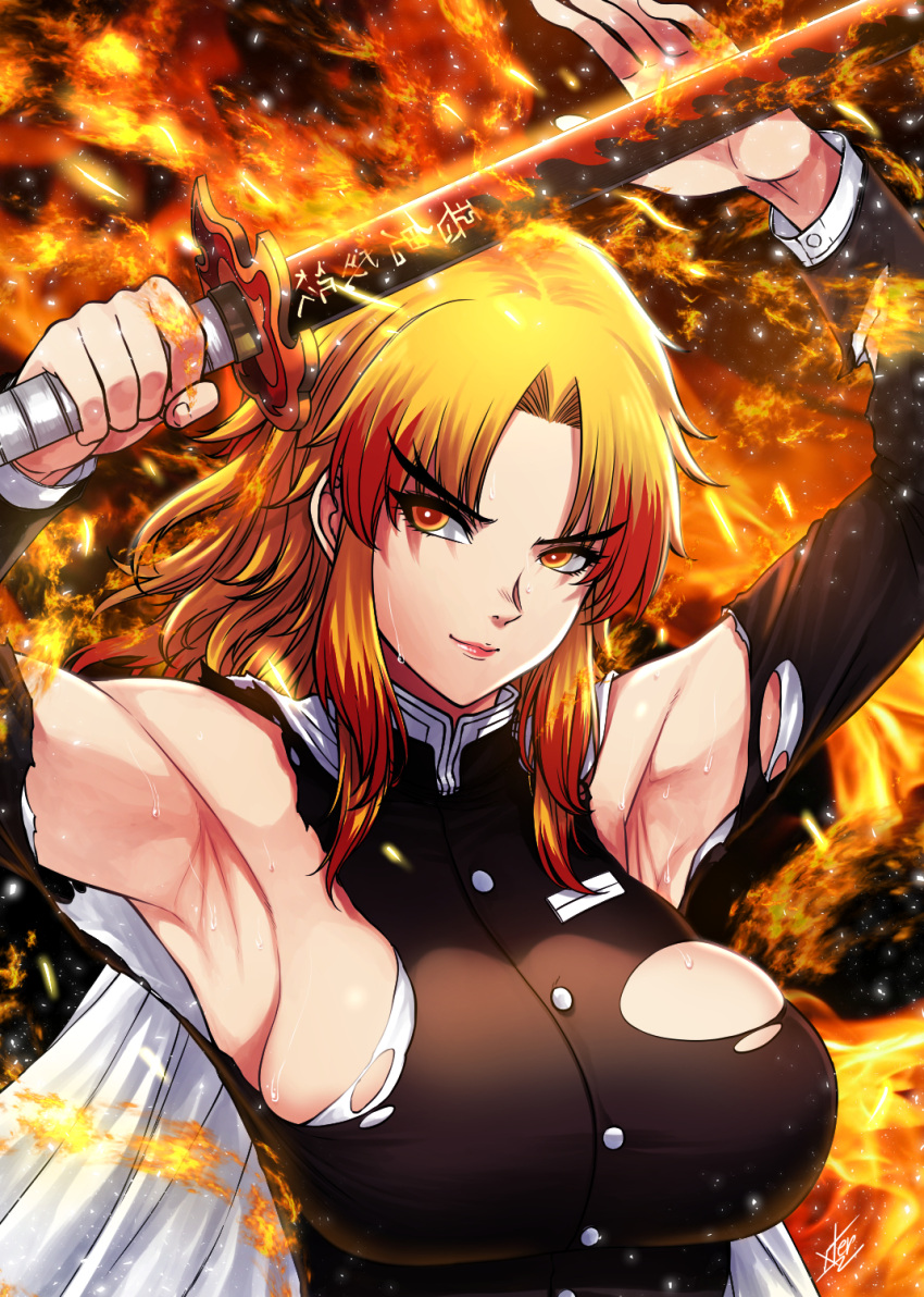 1girl armpits blonde_hair breasts buttons cape closed_mouth colored_tips embers fire furrowed_eyebrows gakuran genderswap genderswap_(mtf) hakama high_collar highres japanese_clothes katana kimetsu_no_yaiba large_breasts long_hair long_sleeves multicolored_hair orange_eyes rengoku_kyoujurou school_uniform serious smile solo sweat sword torn_clothes weapon xter xtermination