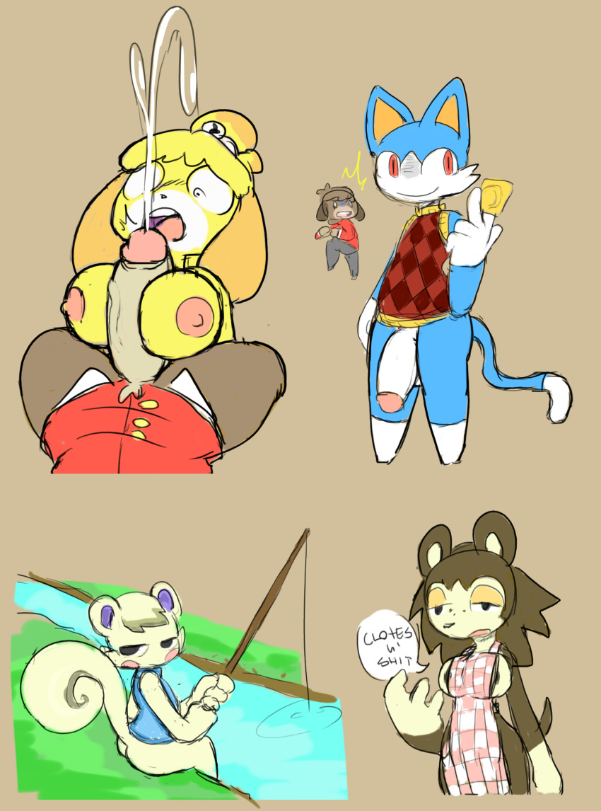 animal_crossing anthro apron balls big_breasts blue_body blush bodily_fluids bottomless breasts butt canid canine canis clothed clothing digby_(animal_crossing) domestic_cat domestic_dog duo erection eulipotyphlan felid feline felis female freckles fur genital_fluids genitals group hair hedgehog hi_res incest_(lore) isabelle_(animal_crossing) male male/female mammal marshal_(animal_crossing) neko3240 nintendo nipples open_mouth penis rover_(animal_crossing) sable_able sex simple_background solo text titfuck video_games