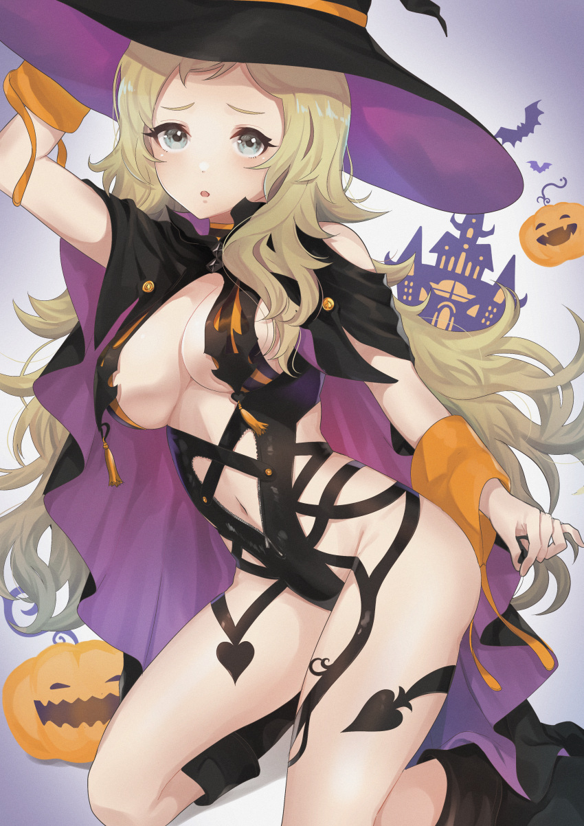 1girl absurdres alternate_costume blonde_hair breasts castle commission cosplay fire_emblem fire_emblem_fates grey_eyes hachako halloween halloween_costume hat highres huge_filesize jack-o'-lantern looking_at_viewer ophelia_(fire_emblem) shermie_(kof) shermie_(kof)_(cosplay) simple_background skeb_commission snk_heroines:_tag_team_frenzy solo witch_hat