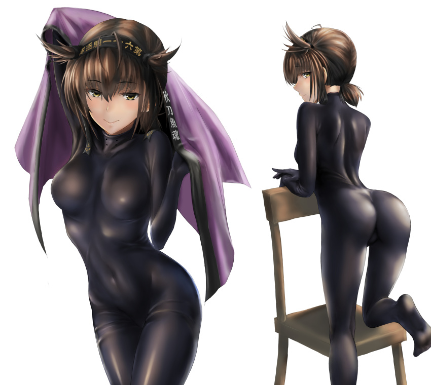 1girl absurdres alternate_costume ass bangs black_bodysuit blush bodysuit breasts brown_hair chair closed_mouth clothes_writing covered_navel eyebrows_visible_through_hair hachimaki hair_flaps hairband happi happi_removed hatsuzuki_(kantai_collection) headband highres japanese_clothes kantai_collection kneeling kokuzoo looking_at_viewer low_ponytail multiple_views on_chair purple_happi short_hair short_ponytail sidelocks simple_background smile solo taut_bodysuit two_side_up white_background yellow_eyes