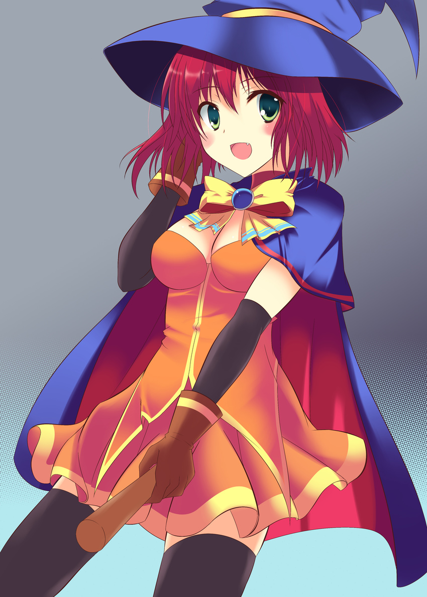 absurdres alice_wishheart bad_id bad_pixiv_id black_legwear blush_stickers bow breasts cape gloves green_eyes h@lki_(sirakawa-haru) hat highres magical_halloween medium_breasts open_mouth orange_skirt red_hair skirt solo thighhighs witch_hat yellow_bow
