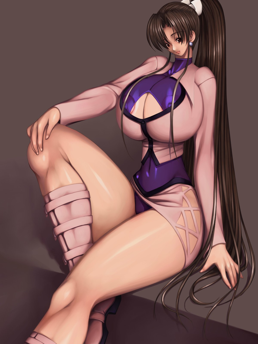 1girl areola_slip areolae arms_behind_head arms_up ass bare_shoulders boots bow breasts brown_eyes brown_hair capcom cleavage cleavage_cutout collarbone cosplay curvy dark_skin dress erect_nipples fatal_fury fingerless_gloves gigantic_breasts gloves hair_bow hair_ornament happy high_ponytail highres hips huge_breasts jacket jewelry king_of_fighters knee_boots knees konekonewasabii large_areolae large_breasts leg_up legs leotard lipstick long_hair looking_at_viewer low_wings lying makeup midriff miniskirt mound_of_venus nail nail_polish nails ninja nipples panties pantyhose pantyshot pink_legwear ponytail red_eyes shermie shermie_(cosplay) shiranui_mai sideboob simple_background sitting skirt smile snk solo squatting thick_thighs thighhighs thighs underwear upskirt wasabi_konekone wide_hips wings