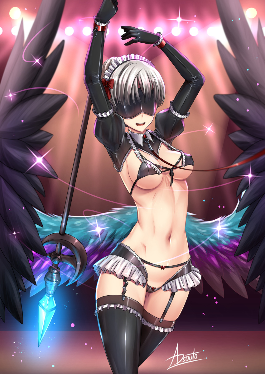 1girl :d adsouto armpits blindfold bondage_outfit breasts crop_top cuffs drooling frills garter_straps gwendolyn_(odin_sphere) highres holding holding_spear holding_weapon leash maid_headdress multicolored multicolored_wings navel odin_sphere open_mouth polearm puffy_sleeves revealing_clothes short_hair shrug_(clothing) signature silver_hair smile spear thighhighs valkyrie weapon white_hair wings