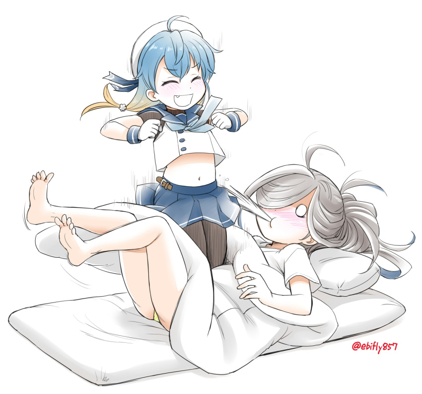 2girls :d ahoge asashimo_(kantai_collection) bare_legs barefoot blank_eyes blonde_hair blue_hair blue_sailor_collar blue_skirt blush brown_legwear child closed_eyes dot_nose ebifly fainting fang feet futon gloves gradient_hair hat highres jumping kantai_collection long_hair miniskirt multicolored_hair multiple_girls navel nose_blush open_mouth pale_skin panties panty_peek pantyhose pleated_skirt sado_(kantai_collection) sailor_collar sailor_hat school_uniform serafuku shirt simple_background skirt smile soles spitting toes twitter_username under_covers underwear white_background white_gloves white_headwear white_shirt wide-eyed yellow_panties