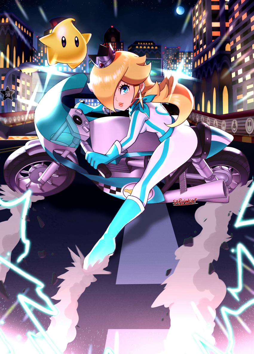 1girl 1other absurdres akira alternate_costume blonde_hair blue_eyes bodysuit boots city crown exhaust_pipe eyelashes gloves ground_vehicle hair_over_one_eye highres huge_filesize knee_boots lens_flare looking_at_viewer luma_(mario) mario_(series) mario_kart mini_crown motor_vehicle motorcycle night official_alternate_costume parody rosalina sarukaiwolf super_mario_galaxy