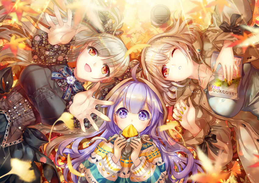 3girls ahoge autumn autumn_leaves azur_lane bangs black_bow black_neckwear black_shirt blouse book bow breasts casual coat coffee_cup collarbone cu-rim cup disposable_cup eating eyebrows_visible_through_hair fashion food formidable_(azur_lane) frills hair_bow hair_ribbon holding hood jewelry long_hair long_sleeves looking_at_viewer lying medium_breasts multiple_girls neck_ribbon necklace on_back one_eye_closed outstretched_arms potato purple_eyes purple_hair ribbon shirt sirius_(azur_lane) sweater twintails unicorn_(azur_lane) yellow_nails
