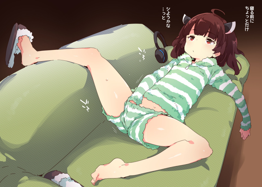1girl ahoge bangs blush brown_hair cameltoe closed_mouth clothed_masturbation couch eyebrows_visible_through_hair headgear headphones loungewear lying masturbation masturbation_through_clothing on_back petenshi_(dr._vermilion) solo spread_legs tagme touhoku_kiritan translation_request voiceroid
