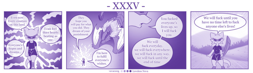 4koma ambiguous_gender anthro braver_(character) clothing comic dialogue disaster_dragon dragon duo english_text feral hi_res kobold mask melee_weapon monochrome profanity purple_theme scalie speech_bubble text vavacung weapon wings