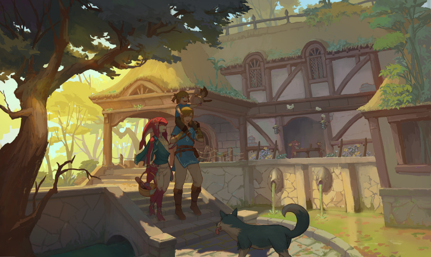 1girl 2boys absurdres basket blonde_hair bokoblin boots carrying child dog flower head_fins highres house if_they_mated link mipha monster_girl multiple_boys pointy_ears sash smile the_legend_of_zelda the_legend_of_zelda:_breath_of_the_wild tree zora zzc556