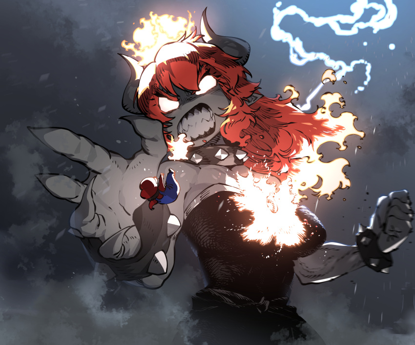 black_dress bowsette bracelet clenched_hand clenched_teeth crown dress fiery_hair fingernails giant giantess glowing glowing_eyes glowing_hair highres horns jewelry lightning mario mario_(series) mega_fury_bowser midair muscular muscular_female new_super_mario_bros._u_deluxe pointy_ears red_hair sharp_fingernails sharp_teeth spiked_bracelet spikes ssambatea storm super_crown super_mario_3d_world teeth