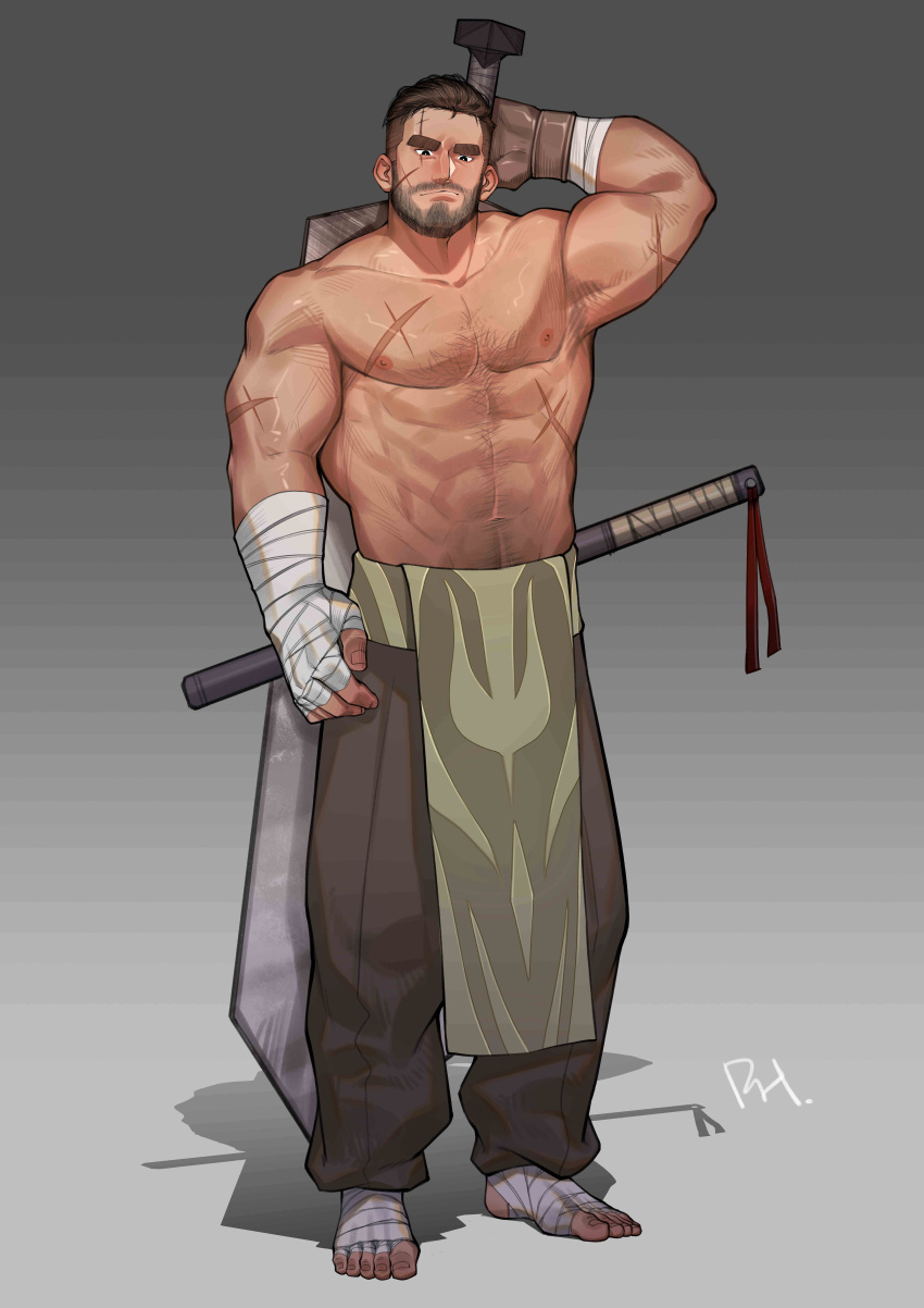 1boy abs absurdres bandages bara beard biceps black_hair body_hair brown_gloves brown_hair chest_hair facial_hair fingerless_gloves full_body gloves highres holding holding_sword holding_weapon male_focus muscular muscular_male navel navel_hair nipples no_shoes original over_shoulder oversized_object pectorals pelvic_curtain peterhl pout scar scar_on_arm scar_on_chest scar_on_forehead sheath sheathed shirtless short_hair solo standing stubble sword sword_over_shoulder thick_eyebrows weapon weapon_over_shoulder