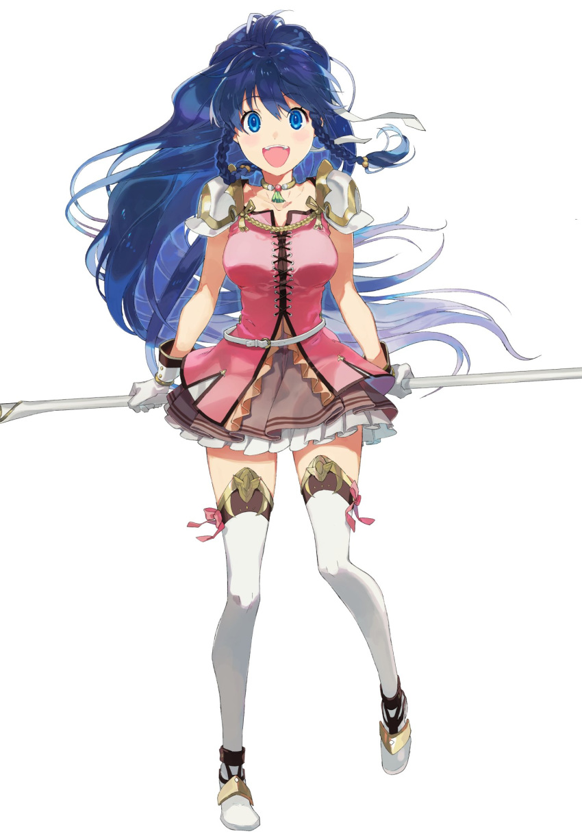 1girl aisutabetao armor blue_eyes blue_hair dress fire_emblem fire_emblem:_the_sacred_stones full_body gloves highres holding holding_weapon jewelry long_hair looking_at_viewer necklace ponytail ribbon shoulder_armor smile solo tana_(fire_emblem) weapon white_background