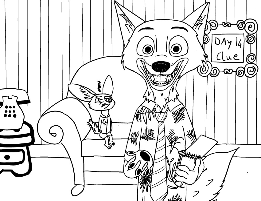 anthro blue's_clues canid canine chair disney duo facing_viewer fennec finnick fox furniture hi_res interior j_shute male mammal monochrome necktie nick_wilde nickelodeon notebook pawpads phone picture_frame red_fox zootopia