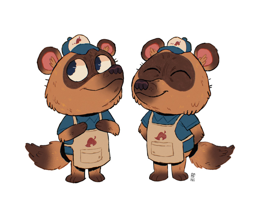 2021 animal_crossing anthro apron biped brown_body brown_fur burgerkapitany canid canine clothing duo eyes_closed fur hat headgear headwear hi_res mammal nintendo raccoon_dog shirt simple_background tanuki timmy_nook tommy_nook topwear video_games white_background