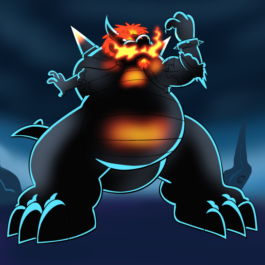 1:1 blue_background bowser bowser's_fury breath_powers elemental_manipulation fire fire_breathing fire_manipulation fury_bowser glowing hi_res human kaiju koopa macro mammal mario_bros nintendo scalie simple_background transformation trevor-fox video_games