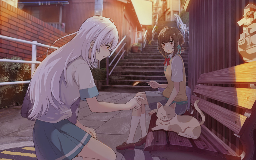 2girls bag bench blue_skirt bookbag bow brown_eyes brown_footwear brown_hair cat closed_eyes day grey_skirt hair_ribbon highres irozuku_sekai_no_ashita_kara kazano_asagi long_hair looking_at_animal multiple_girls nuit_(nt_099) official_style outdoors railing red_bow ribbon school_uniform short_hair short_sleeves sitting skirt socks stairs sweater_vest tsukishiro_hitomi white_hair white_legwear yellow_sweater_vest