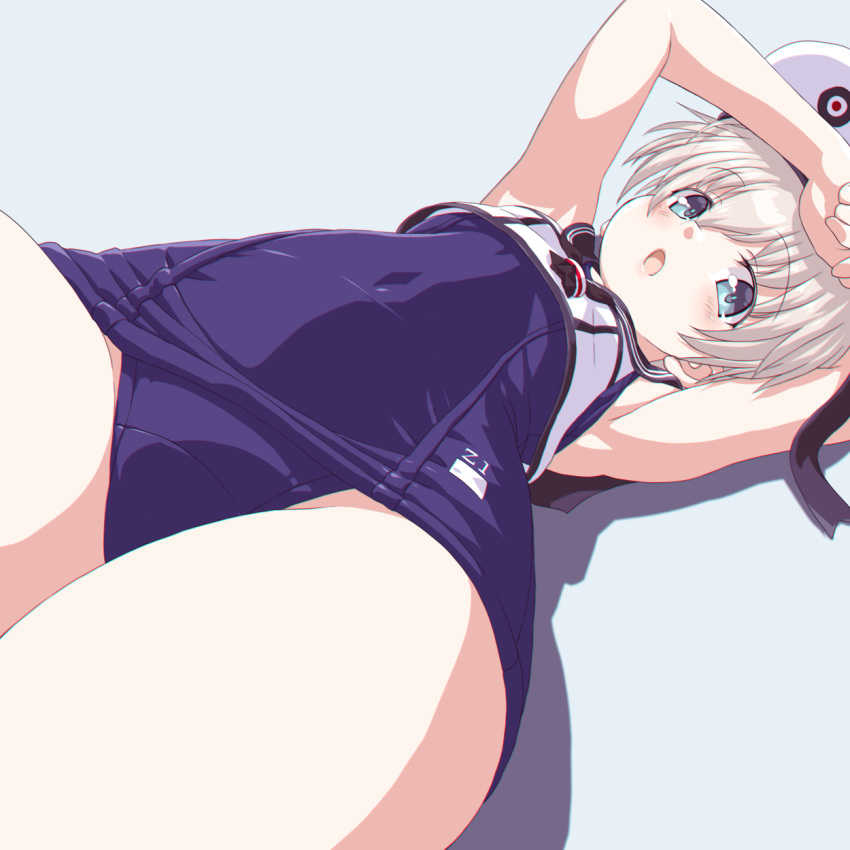 1girl armpits arms_up bangs bare_arms bare_shoulders blue_eyes blush breasts clothes_writing cosplay covered_navel crop_top dd_(ijigendd) eyebrows_visible_through_hair hat highres kantai_collection looking_at_viewer nontraditional_school_swimsuit one-piece_swimsuit open_mouth ro-500_(kantai_collection) ro-500_(kantai_collection)_(cosplay) sailor_collar sailor_hat school_swimsuit school_uniform serafuku short_hair silver_hair simple_background solo swimsuit white_background z1_leberecht_maass_(kantai_collection)