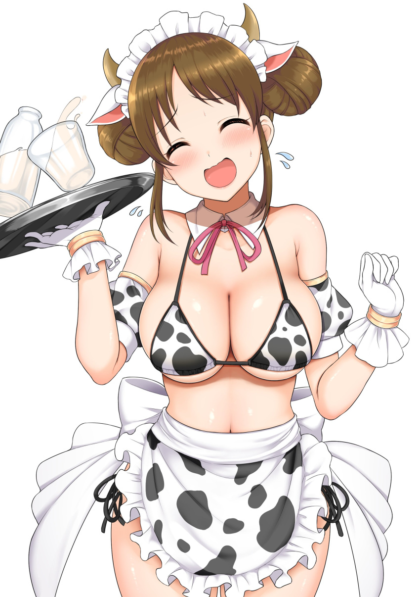 1girl 2021 absurdres animal_print apron bangs bikini blush bottle bow bowtie breasts brown_hair chinese_zodiac cleavage clenched_hand closed_eyes commentary_request cow_print detached_collar double_bun gloves hands_up highres holding holding_tray large_breasts milk milk_bottle new_year open_mouth princess_connect! princess_connect!_re:dive red_neckwear short_hair smile solo suzume_(princess_connect!) swimsuit tray waist_apron white_gloves year_of_the_ox yue_(show-ei)