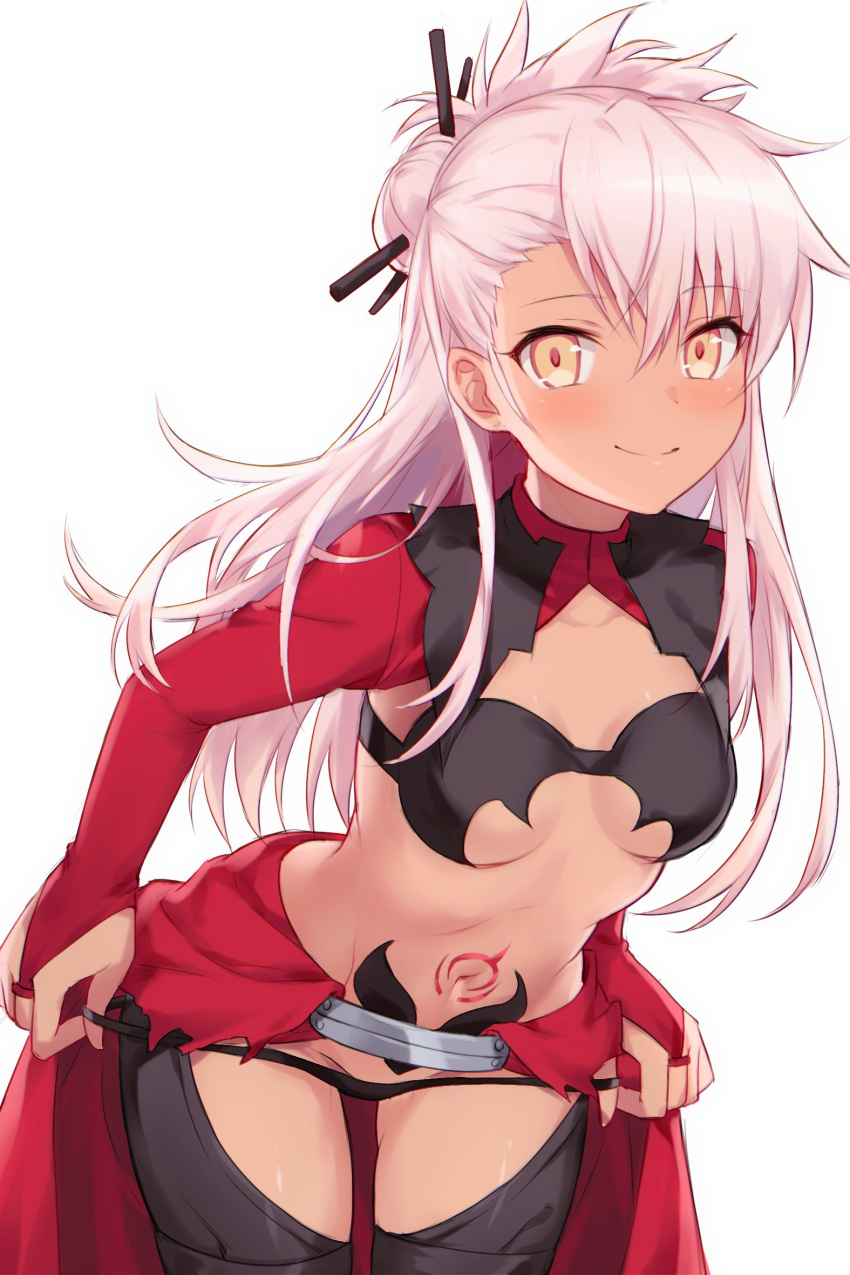 1girl black_legwear black_panties blush breasts chloe_von_einzbern closed_mouth commentary_request dark_skin dark_skinned_female devil_heavens fate/kaleid_liner_prisma_illya fate_(series) hair_ornament hair_stick highres long_hair long_sleeves looking_at_viewer medium_breasts panties pink_hair simple_background smile solo stomach_tattoo tattoo thighhighs thighs underboob underwear white_background yellow_eyes